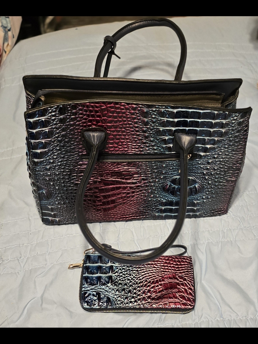 Source Unknown Croc-Embossed Tote and Zip Wallet in Blue and Red Ombre